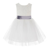 Knee Length Backless Ivory Lace Flower Girl Dress with Tiebow Dance Recital for Toddlers 206T(6)