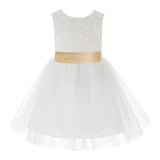 Knee Length Backless Ivory Lace Flower Girl Dress with Tiebow Dance Recital for Toddlers 206T(6)