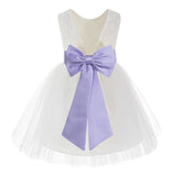 Knee Length Backless Ivory Lace Flower Girl Dress with Tiebow Dance Recital for Toddlers 206T(1)