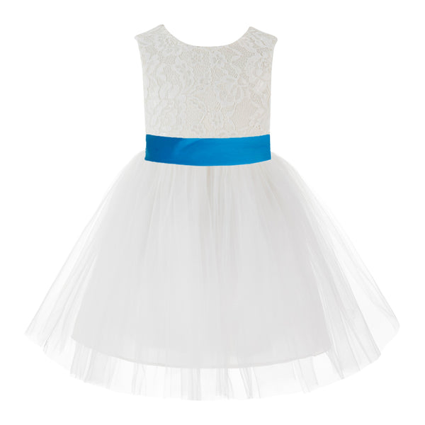 Knee Length Backless Ivory Lace Flower Girl Dress with Tiebow Dance Recital for Toddlers 206T(1)