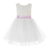 Knee Length Backless Ivory Lace Flower Girl Dress with Tiebow Dance Recital for Toddlers 206T(3)