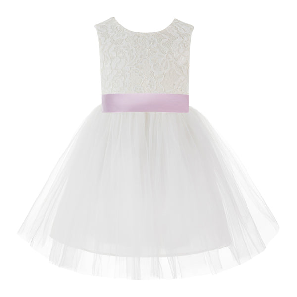 Knee Length Backless Ivory Lace Flower Girl Dress with Tiebow Dance Recital for Toddlers 206T(3)