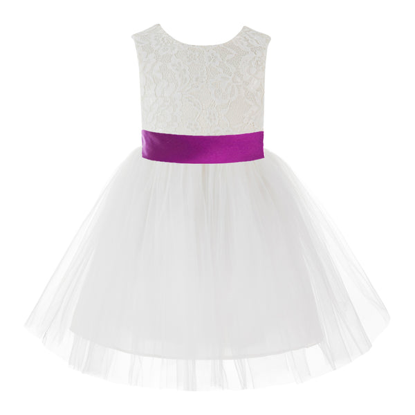 Knee Length Backless Ivory Lace Flower Girl Dress with Tiebow Dance Recital for Toddlers 206T(3)