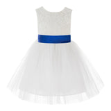 Knee Length Backless Ivory Lace Flower Girl Dress with Tiebow Dance Recital for Toddlers 206T(5)