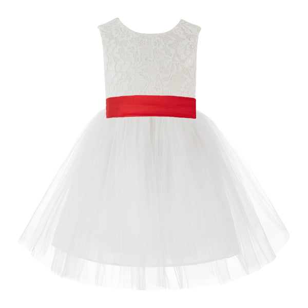 Knee Length Backless Ivory Lace Flower Girl Dress with Tiebow Dance Recital for Toddlers 206T(3)