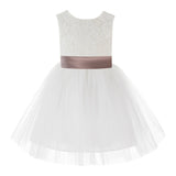 Knee Length Backless Ivory Lace Flower Girl Dress with Tiebow Dance Recital for Toddlers 206T(3)