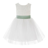 Knee Length Backless Ivory Lace Flower Girl Dress with Tiebow Dance Recital for Toddlers 206T(3)