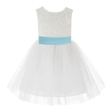 Knee Length Backless Ivory Lace Flower Girl Dress with Tiebow Dance Recital for Toddlers 206T(3)