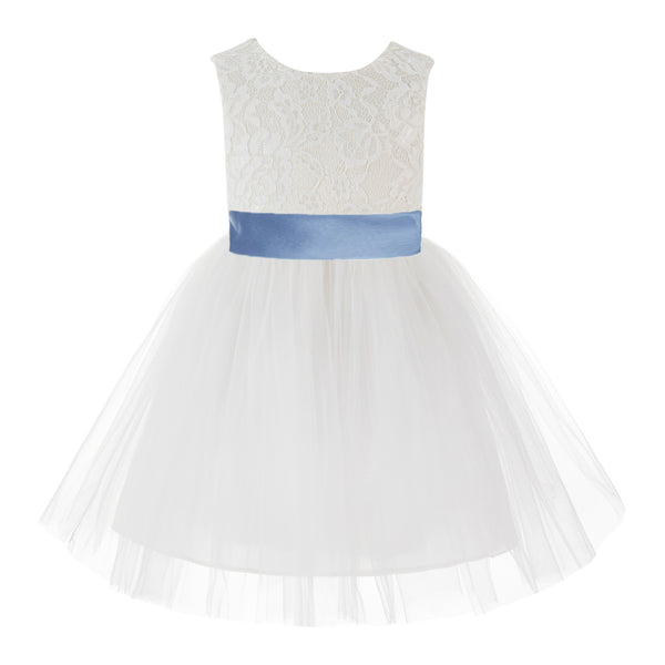 Knee Length Backless Ivory Lace Flower Girl Dress with Tiebow Dance Recital for Toddlers 206T(2)