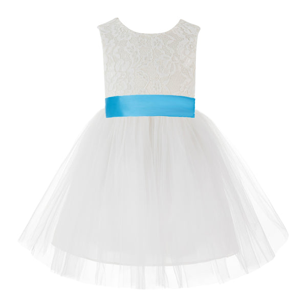 Knee Length Backless Ivory Lace Flower Girl Dress with Tiebow Dance Recital for Toddlers 206T(2)