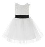 Knee Length White Lace V-Back Flower Girl Dress with Tiebow for Toddlers Ceremonial Gown 206T(5)