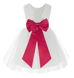 Knee Length White Lace V-Back Flower Girl Dress with Tiebow for Toddlers Ceremonial Gown 206T(5)