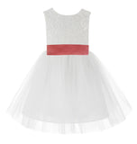 Knee Length White Lace V-Back Flower Girl Dress with Tiebow for Toddlers Ceremonial Gown 206T(5)