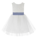 Knee Length White Lace V-Back Flower Girl Dress with Tiebow for Toddlers Ceremonial Gown 206T(5)