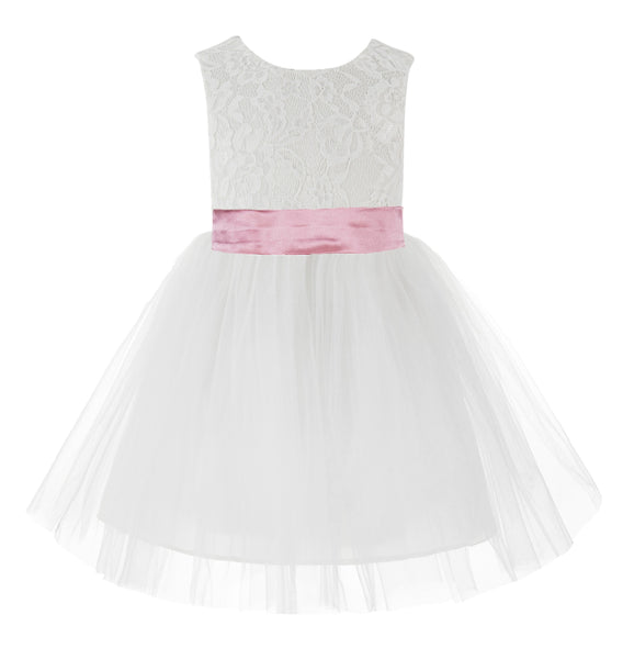 Knee Length White Lace V-Back Flower Girl Dress with Tiebow for Toddlers Ceremonial Gown 206T(4)