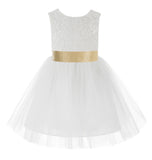 Knee Length White Lace V-Back Flower Girl Dress with Tiebow for Toddlers Ceremonial Gown 206T(3)