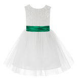 Knee Length White Lace V-Back Flower Girl Dress with Tiebow for Toddlers Ceremonial Gown 206T(3)