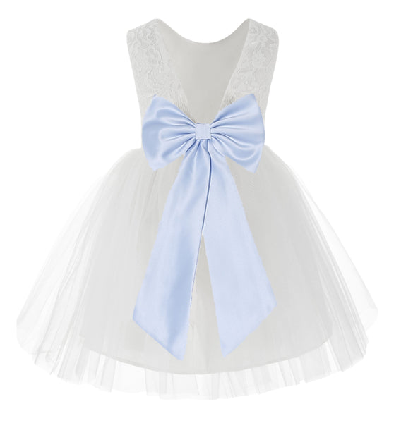 Knee Length White Lace V-Back Flower Girl Dress with Tiebow for Toddlers Ceremonial Gown 206T(1)