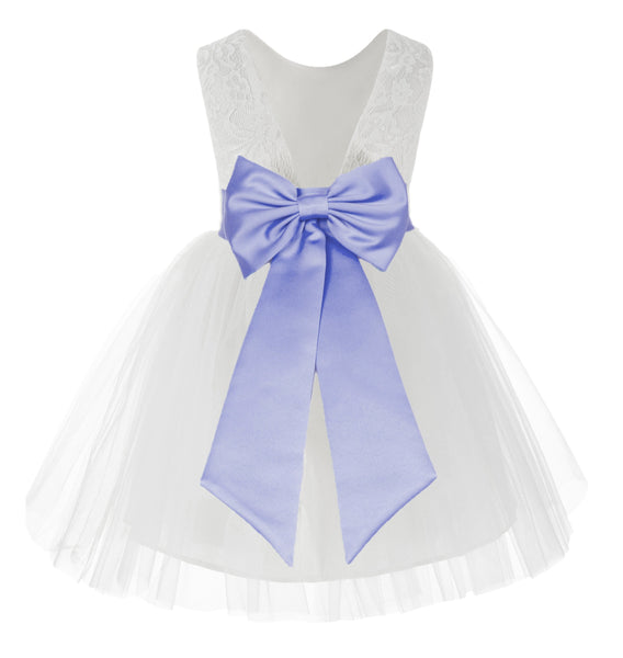 Knee Length White Lace V-Back Flower Girl Dress with Tiebow for Toddlers Ceremonial Gown 206T(1)