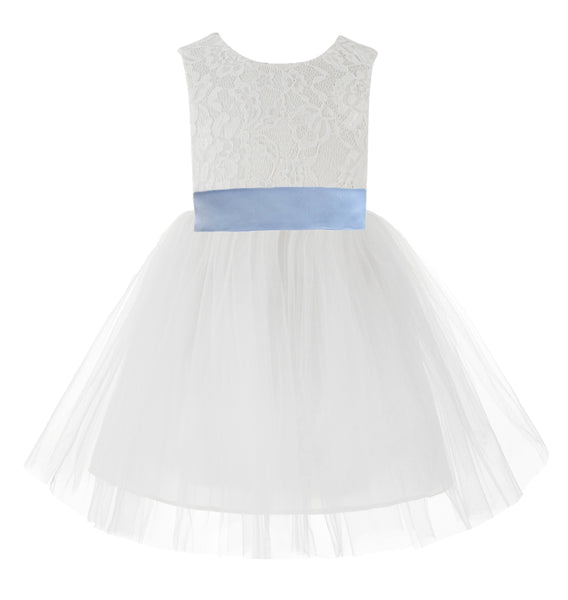 Knee Length White Lace V-Back Flower Girl Dress with Tiebow for Toddlers Ceremonial Gown 206T(4)