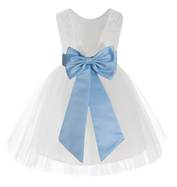 Knee Length White Lace V-Back Flower Girl Dress with Tiebow for Toddlers Ceremonial Gown 206T(4)