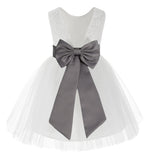 Knee Length White Lace V-Back Flower Girl Dress with Tiebow for Toddlers Ceremonial Gown 206T(4)