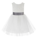 Knee Length White Lace V-Back Flower Girl Dress with Tiebow for Toddlers Ceremonial Gown 206T(4)