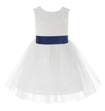 Knee Length White Lace V-Back Flower Girl Dress with Tiebow for Toddlers Ceremonial Gown 206T(1)