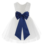 Knee Length White Lace V-Back Flower Girl Dress with Tiebow for Toddlers Ceremonial Gown 206T(1)