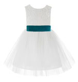 Knee Length White Lace V-Back Flower Girl Dress with Tiebow for Toddlers Ceremonial Gown 206T(4)