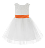 Knee Length White Lace V-Back Flower Girl Dress with Tiebow for Toddlers Ceremonial Gown 206T(4)