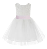 Knee Length White Lace V-Back Flower Girl Dress with Tiebow for Toddlers Ceremonial Gown 206T(3)