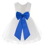 Knee Length White Lace V-Back Flower Girl Dress with Tiebow for Toddlers Ceremonial Gown 206T(1)