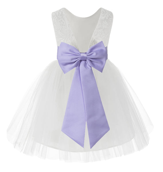 Knee Length White Lace V-Back Flower Girl Dress with Tiebow for Toddlers Ceremonial Gown 206T(2)