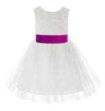 Knee Length White Lace V-Back Flower Girl Dress with Tiebow for Toddlers Ceremonial Gown 206T(1)