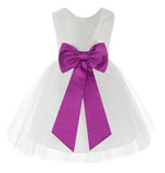 Knee Length White Lace V-Back Flower Girl Dress with Tiebow for Toddlers Ceremonial Gown 206T(1)