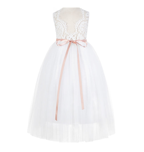 White Scalloped V-Back A-Line Lace Flower Girl Dresses for Baptism Church Christening Gown 207R4