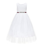 White Scalloped V-Back A-Line Lace Flower Girl Dresses for Baptism Church Christening Gown 207R4