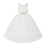 V-Back Lace Tulle Tutu Button Down Back Flower Girl Dress with Rhinestone Sash Communion Gown 212R4