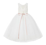 V-Back Lace Tulle Tutu Button Down Back Flower Girl Dress with Rhinestone Sash Communion Gown 212R4