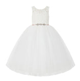 V-Back Lace Tulle Tutu Button Down Back Flower Girl Dress with Rhinestone Sash Communion Gown 212R4