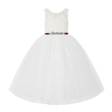 V-Back Lace Tulle Tutu Button Down Back Flower Girl Dress with Rhinestone Sash Communion Gown 212R4