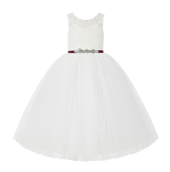 V-Back Lace Tulle Tutu Button Down Back Flower Girl Dress with Rhinestone Sash Communion Gown 212R4