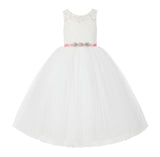 V-Back Lace Tulle Tutu Button Down Back Flower Girl Dress with Rhinestone Sash Communion Gown 212R4