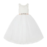 V-Back Lace Tulle Tutu Button Down Back Flower Girl Dress with Rhinestone Sash Communion Gown 212R4