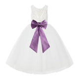 V-Back Ivory Lace Tulle Flower Girl Dress with Bow Sash Toddlers Baptism Mini Bridal Gown 212noFT(2)