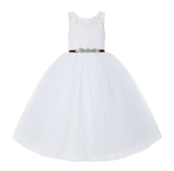 V-Back Lace Tulle Tutu Button Down Back Flower Girl Dress with Rhinestone Sash Communion Gown 212R4