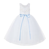 V-Back Lace Tulle Tutu Button Down Back Flower Girl Dress with Rhinestone Sash Communion Gown 212R4