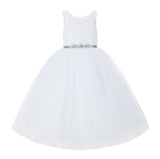 V-Back Lace Tulle Tutu Button Down Back Flower Girl Dress with Rhinestone Sash Communion Gown 212R4