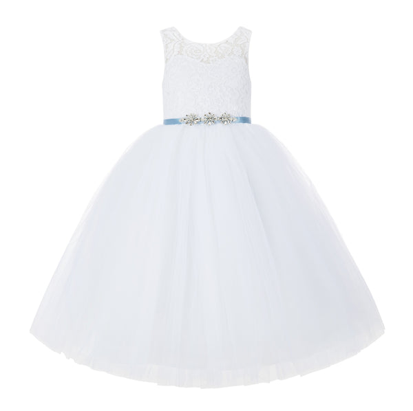 V-Back Lace Tulle Tutu Button Down Back Flower Girl Dress with Rhinestone Sash Communion Gown 212R4